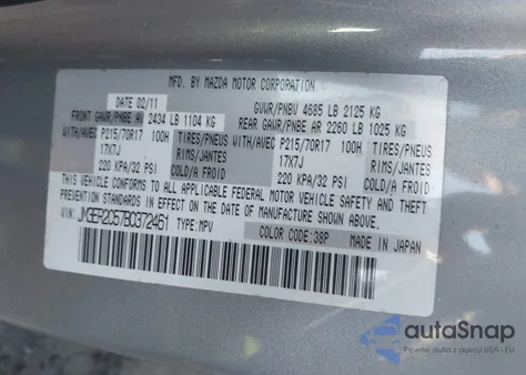 2011 Mazda Cx-7 I Touring from USA, damaged, VIN JM3ER2C57B0372461